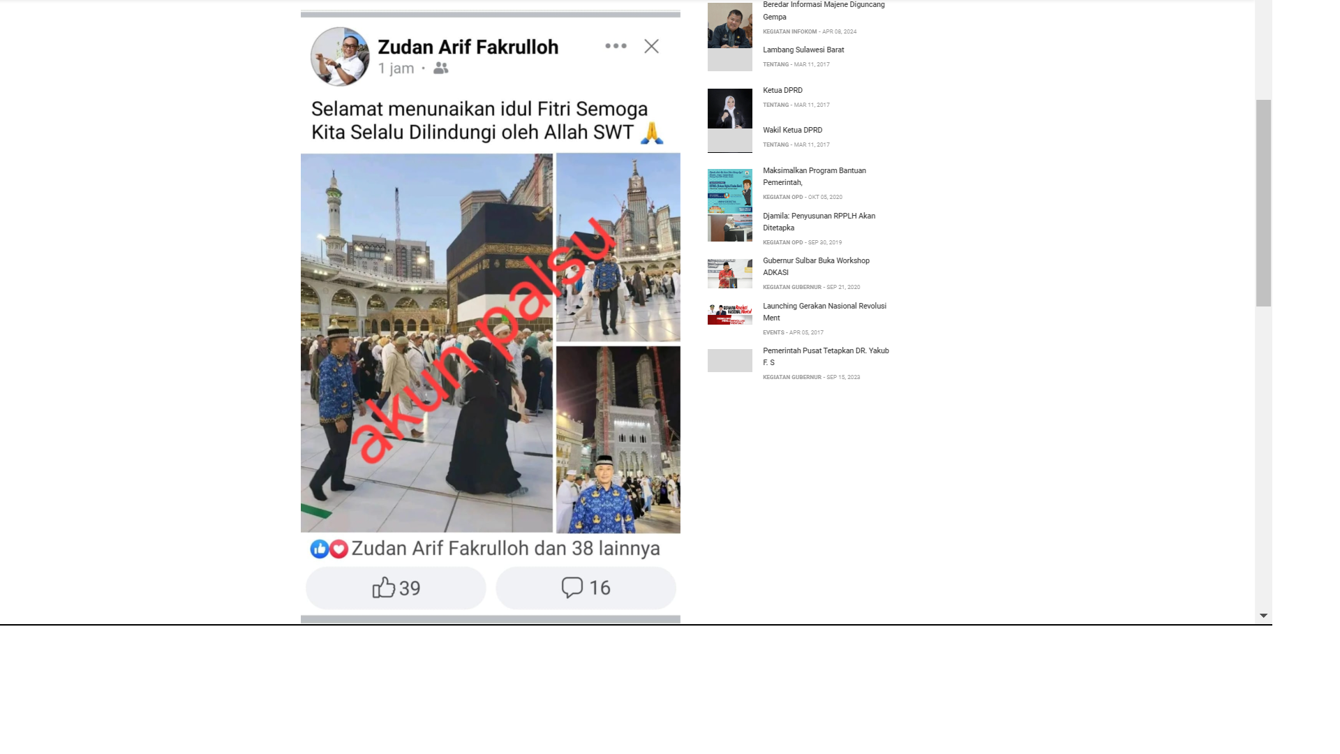 Kembali Ditemukan Akun FB Palsu Atas Namakan Zudan Arif Fakrulloh Masyarakat Diminta Berhati-hati